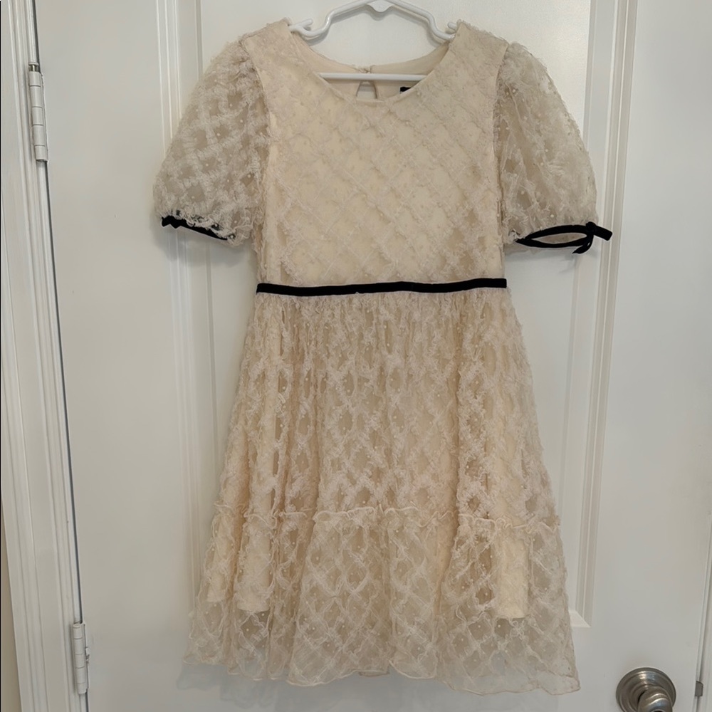 Zunie Cream Lace Kids Dress with Black Trim